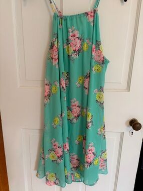 Teal Floral Spaghetti Strap Neon Sheath Lightweight Lined Sundress